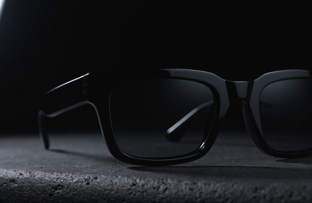 Chunky black acetate streetwear sunglasses on black concrete under a single hard light