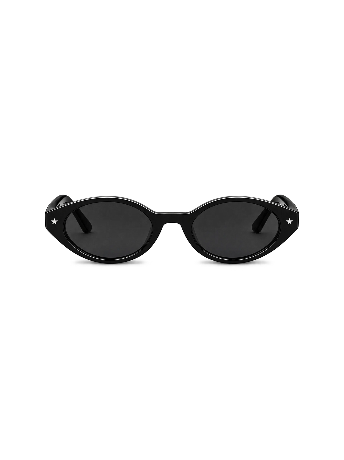 Oval black sunglasses with dark lenses and small silver star details on the temples, shown against a plain white background. PULERA