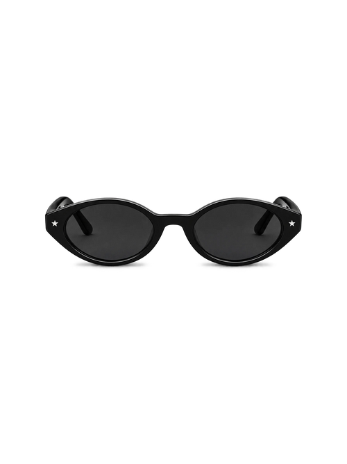 Oval black sunglasses with dark lenses and small silver star details on the temples, shown against a plain white background. PULERA